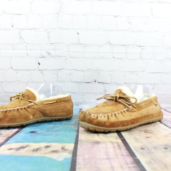 LL Bean Brown Suede Shearling Lined Wicked Good Moccasin Slippers Size 9 M - Picture 2 of 9